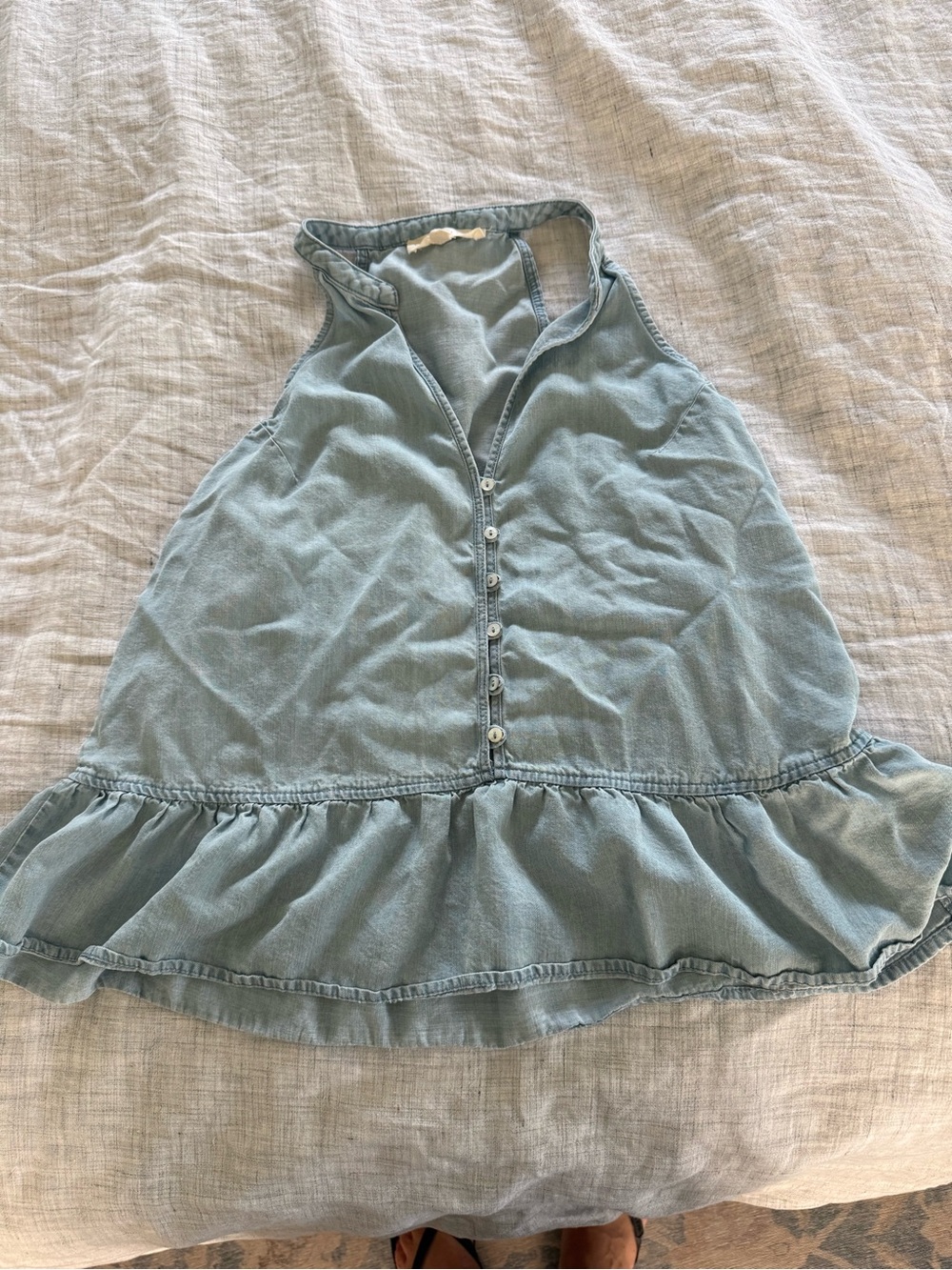 lovestitch Light Blue Button-Front Ruffle Hem Denim Tank